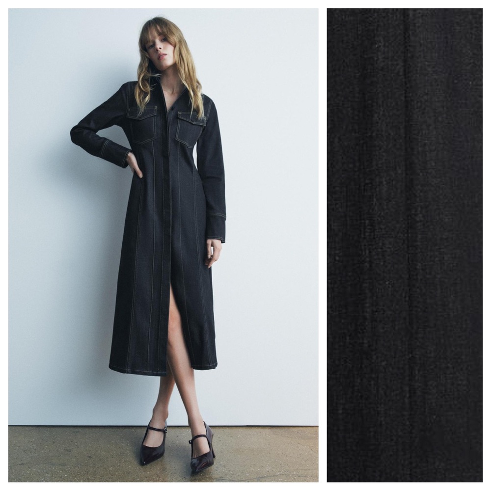 Black Long Sleeve Midi Shirt Dress with Front Zip